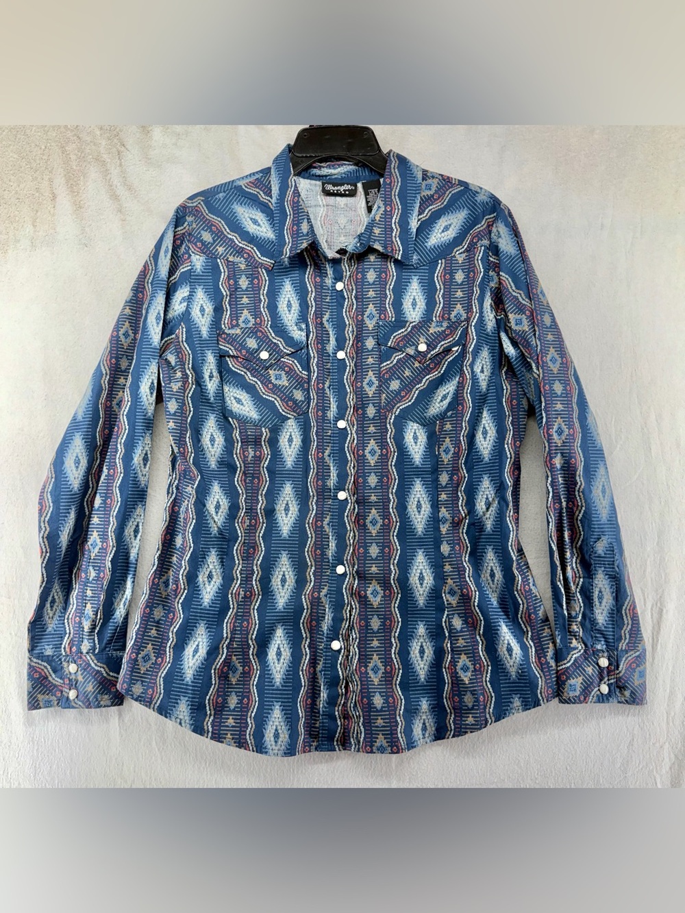 RETRO Wrangler Pearl Snap Blue Long Sleeve Western Aztec Print Size Large